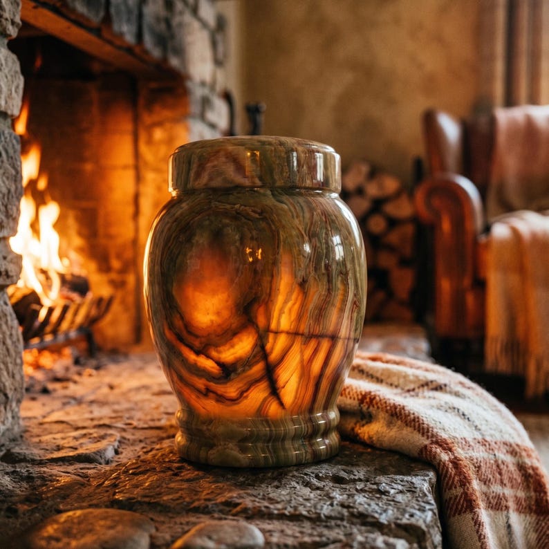 May include: A cylindrical stone urn featuring translucent bands of amber, brown, and olive green. The vessel has a smooth, polished surface with a rounded lid and a tiered base, displaying natural mineral veining that glows when backlit.