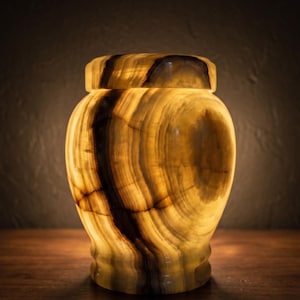May include: A translucent, bulbous urn crafted from polished stone, featuring warm amber and golden hues with prominent dark brown veining. The vessel has a smooth, rounded body and a matching fitted lid, illuminated from within to highlight the natural banding.