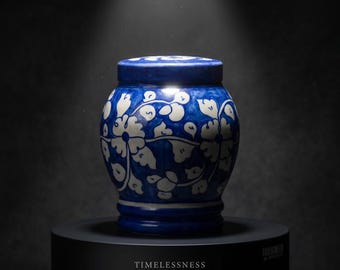 Hand-Painted Blue Floral Gypsum Urn | Ceramic Pottery Ashes Storage