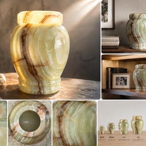 May include: A polished green onyx stone urn with a removable lid, featuring natural brown veining and a translucent finish. The urn has a rounded body and a flared base. A size chart shows six urns ranging from 3 inches to 8 inches in height.
