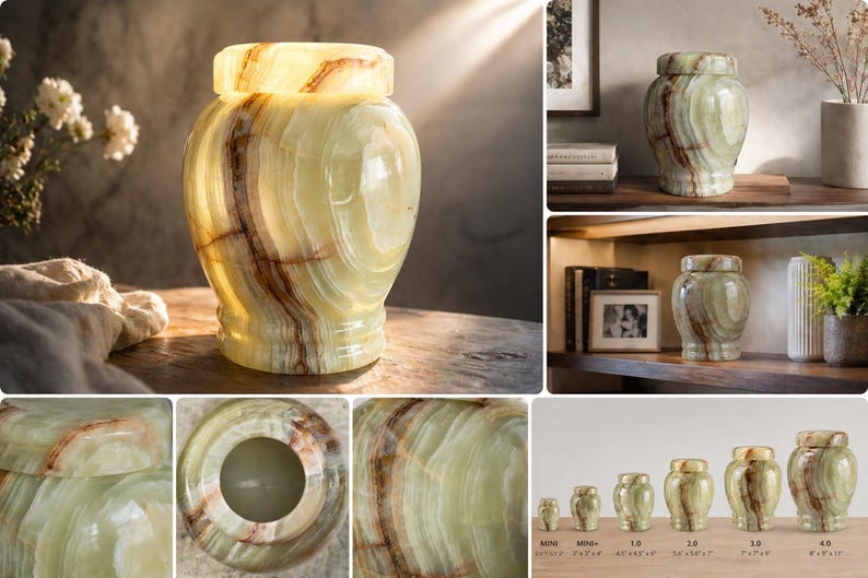 May include: A polished green onyx stone urn with a removable lid, featuring natural brown veining and a translucent finish. The urn has a rounded body and a flared base. A size chart shows six urns ranging from 3 inches to 8 inches in height.
