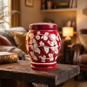 May include: A cylindrical ceramic jar with a glossy deep red glaze featuring a hand-painted white floral vine pattern. The vessel has a matching removable lid with a flat top and a rounded base, showcasing a smooth finish and decorative design.