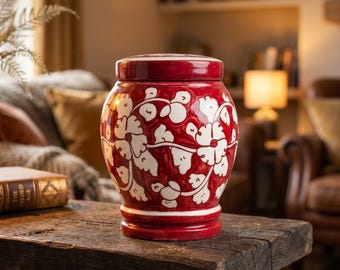 Hand Painted Red Ceramic Cremation Urn for Human Ashes | Floral Pottery Urn with Lid | Decorative Funeral Urns from Adult to Keepsake Sizes