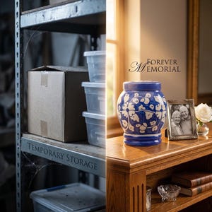 May include: A split-view image showing a cardboard box on a metal shelf labeled TEMPORARY STORAGE and a blue and white ceramic urn on a wooden table with a framed photograph and a white rose, featuring the text FOREVER MEMORIAL above the urn.