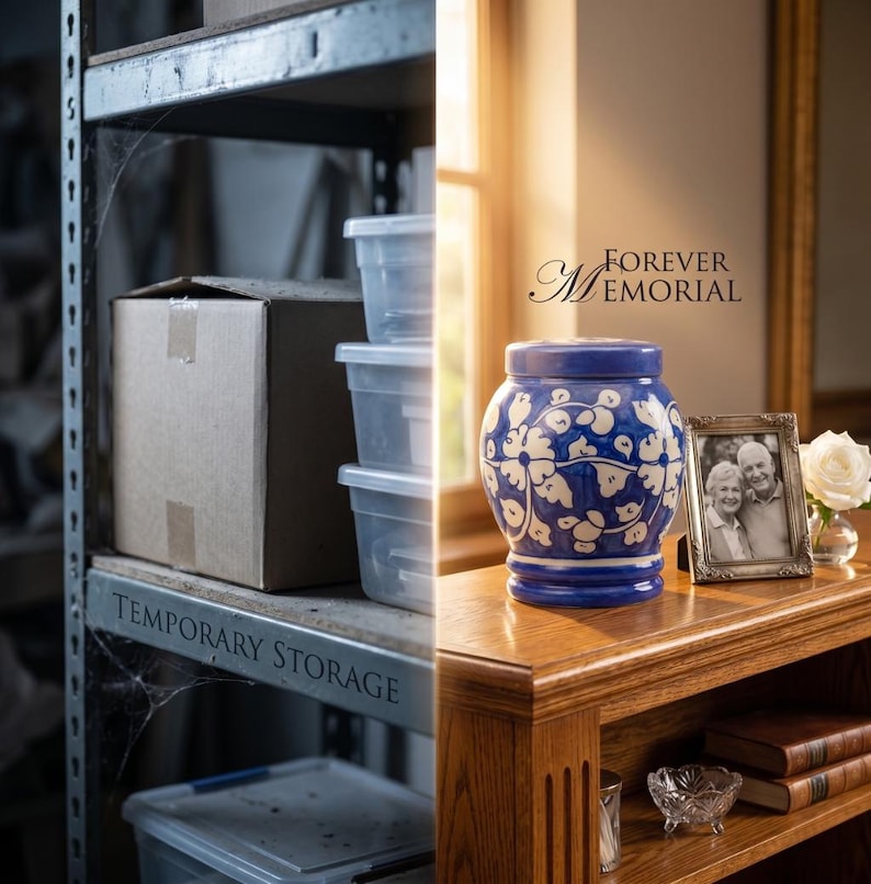 May include: A split-view image showing a cardboard box on a metal shelf labeled TEMPORARY STORAGE and a blue and white ceramic urn on a wooden table with a framed photograph and a white rose, featuring the text FOREVER MEMORIAL above the urn.