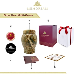 May include: A multi-green onyx urn with a lid, a maroon box with the text MEMORIAM, a white gift box with a red ribbon, two circular logos with the text MEMORIAM, a maroon card, and a certificate of authenticity with a gold border.
