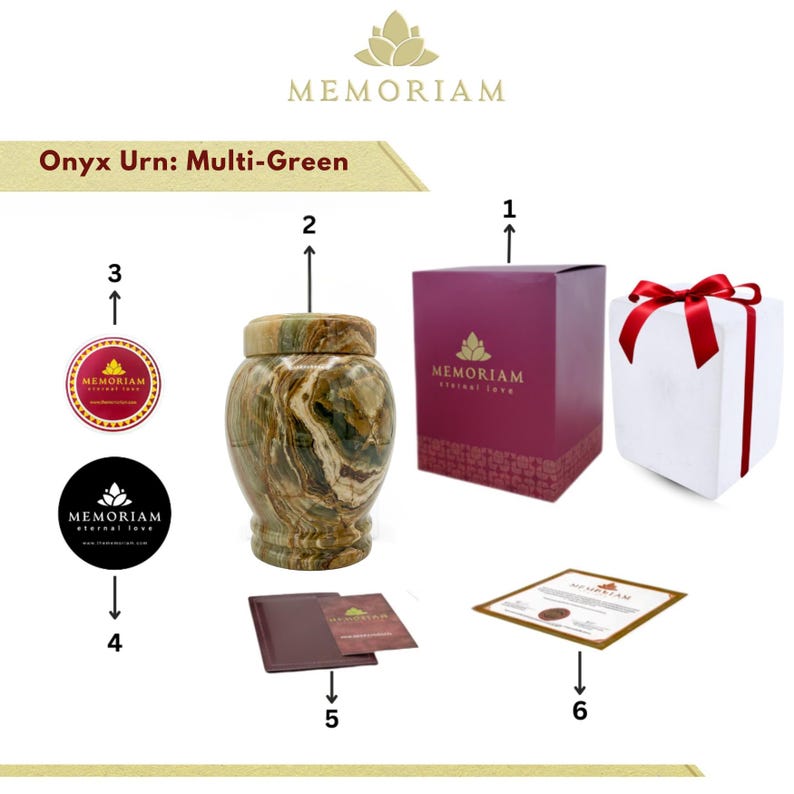 May include: A multi-green onyx urn with a lid, a maroon box with the text MEMORIAM, a white gift box with a red ribbon, two circular logos with the text MEMORIAM, a maroon card, and a certificate of authenticity with a gold border.