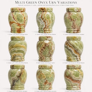May include: Nine urns made of multi-green onyx, each with a unique pattern of veining and banding. The text reads: Multi Green Onyx Urn Variations, Natural variations in color, veining and banding that occur in Multi Green Onyx, and labels 1-9.