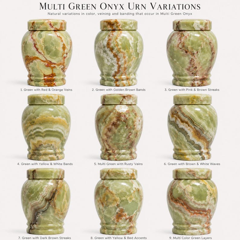 May include: Nine urns made of multi-green onyx, each with a unique pattern of veining and banding. The text reads: Multi Green Onyx Urn Variations, Natural variations in color, veining and banding that occur in Multi Green Onyx, and labels 1-9.