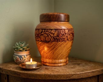 Handmade Adult Size Wooden Cremation Urn - Large Capacity Memorial Urn - Decorative Vase