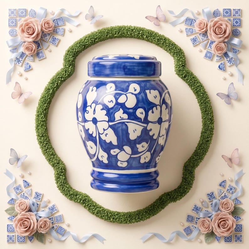 May include: A blue and white ceramic urn with a floral pattern, surrounded by a green textured wreath, light pink roses, blue ribbons, small white pearls, and butterfly accents arranged in the four corners of the square composition.