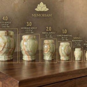 May include: A series of six green onyx stone urns arranged by size, labeled MEMORIAM. Sizes range from 4.0 Full Adult at 234.6 in&sup3; to Mini Keepsake at 3.6 in&sup3;. Each urn features a rounded body, a lid, and natural banded stone patterns in light green.