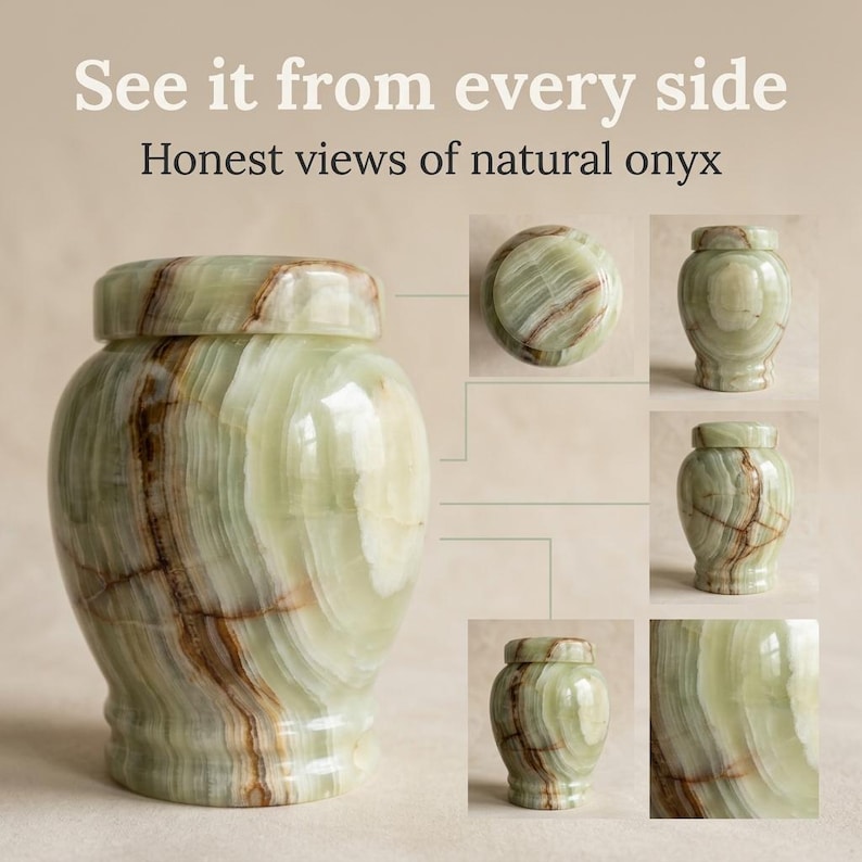 May include: A polished light green onyx urn with brown veining and a matching lid. The image includes the text "See it from every side" and "Honest views of natural onyx," showing the urn from multiple angles including top and side views.