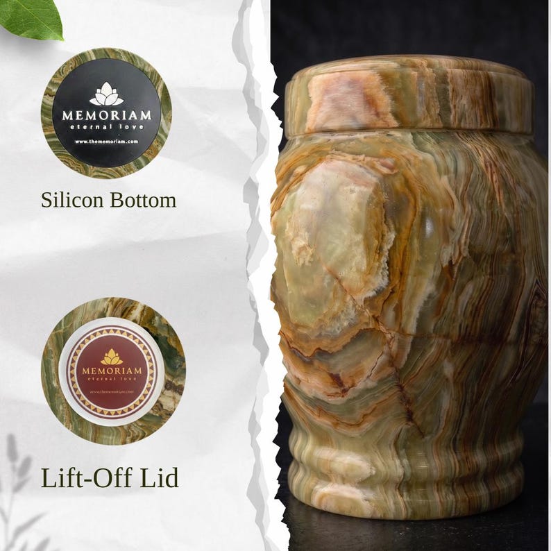 May include: A cylindrical green and brown stone urn with a polished finish and a lift-off lid. Two circular insets show a black silicon bottom with the text MEMORIAM eternal love and a top view of the lid with a matching logo and text.