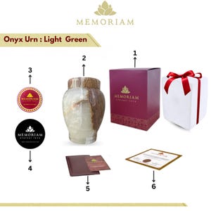 May include: A light green onyx urn, a maroon box with the text MEMORIAM eternal love, a white gift box with a red ribbon, two circular logos with the text MEMORIAM, a maroon card, and a certificate of authenticity with a gold border.