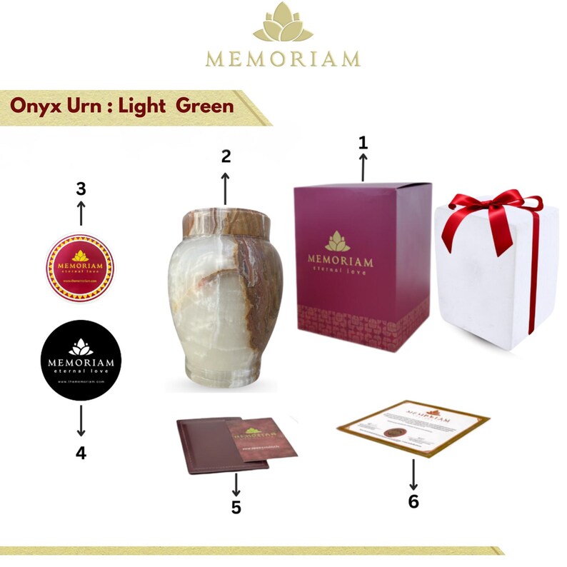 May include: A light green onyx urn, a maroon box with the text MEMORIAM eternal love, a white gift box with a red ribbon, two circular logos with the text MEMORIAM, a maroon card, and a certificate of authenticity with a gold border.