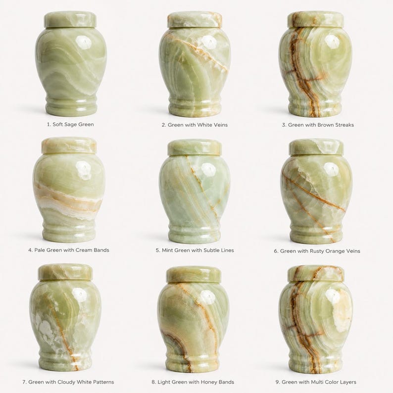May include: Nine stone urns arranged in a grid, each featuring a unique natural pattern. The urns display variations of green, white, brown, and orange hues, labeled 1 through 9 with descriptions like Soft Sage Green and Green with Multi Color Layers.