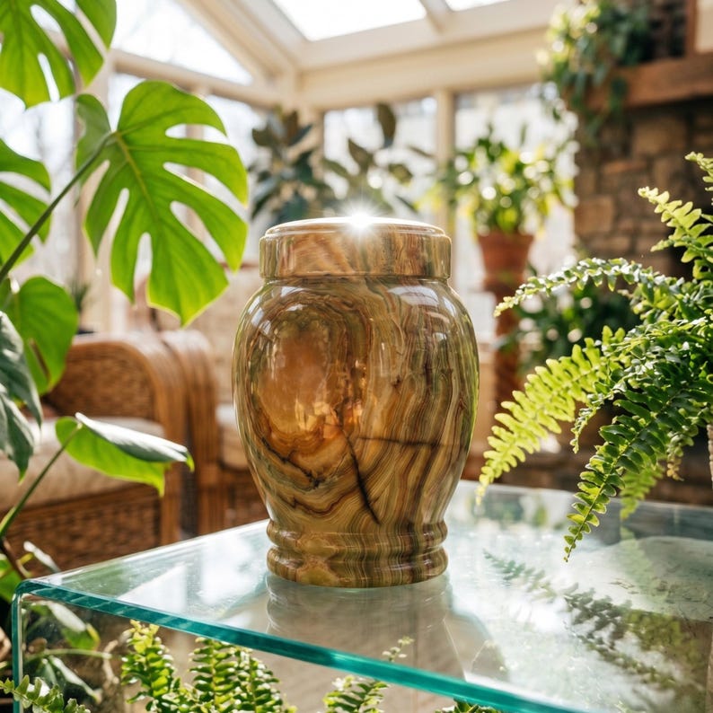 May include: A polished, cylindrical stone urn featuring swirling patterns of brown, tan, and cream colors. The vessel has a rounded body, a slightly flared base, and a matching removable lid with a smooth, reflective finish that catches the light.