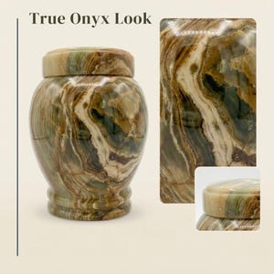 May include: A decorative urn with a polished finish featuring swirling patterns of dark green, brown, and cream colors. The text True Onyx Look is printed above the urn. The vessel has a rounded body, a wide base, and a matching removable lid.