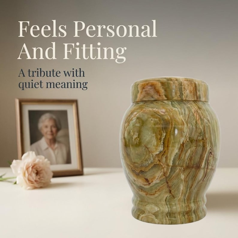 May include: A cylindrical urn crafted from polished green and brown banded onyx stone with a matching lid. The text on the image reads: Feels Personal And Fitting. A tribute with quiet meaning. A framed photograph and a pale pink flower are visible.
