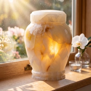 May include: A translucent, cream-colored urn with a lid, set on a wooden windowsill. The urn has a rounded shape with a textured surface, and is lit from within, creating a warm glow. A small candle and a vase of white flowers are nearby.