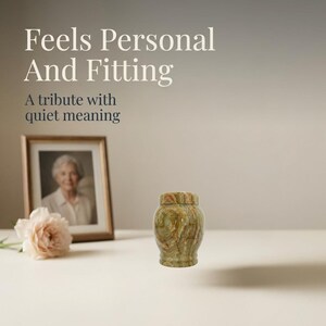 May include: A small, polished green and brown marble urn with a lid, positioned next to a framed photograph of an older person and a pale pink flower. The text reads: Feels Personal And Fitting. A tribute with quiet meaning.