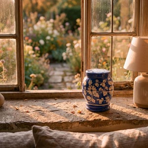 May include: A blue and white ceramic jar with a lid, featuring a hand-painted floral vine pattern. The jar is positioned on a stone windowsill next to a lamp with a beige shade, with a view of a garden visible through the window panes.