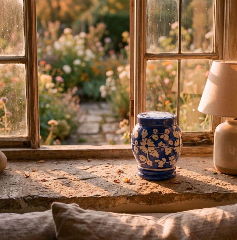 May include: A blue and white ceramic jar with a lid, featuring a hand-painted floral vine pattern. The jar is positioned on a stone windowsill next to a lamp with a beige shade, with a view of a garden visible through the window panes.
