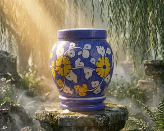 Blue Floral Ceramic Cremation Urns for Human Ashes | Adult, Child & Pet Memorial Urn | Hand Painted Pottery Funeral Urn