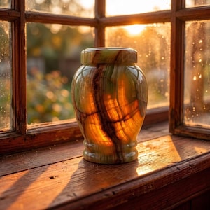 May include: A polished green and amber banded stone urn with a matching lid. The translucent material features natural veining and organic patterns that glow when illuminated by sunlight, creating a warm, layered appearance on the smooth surface.