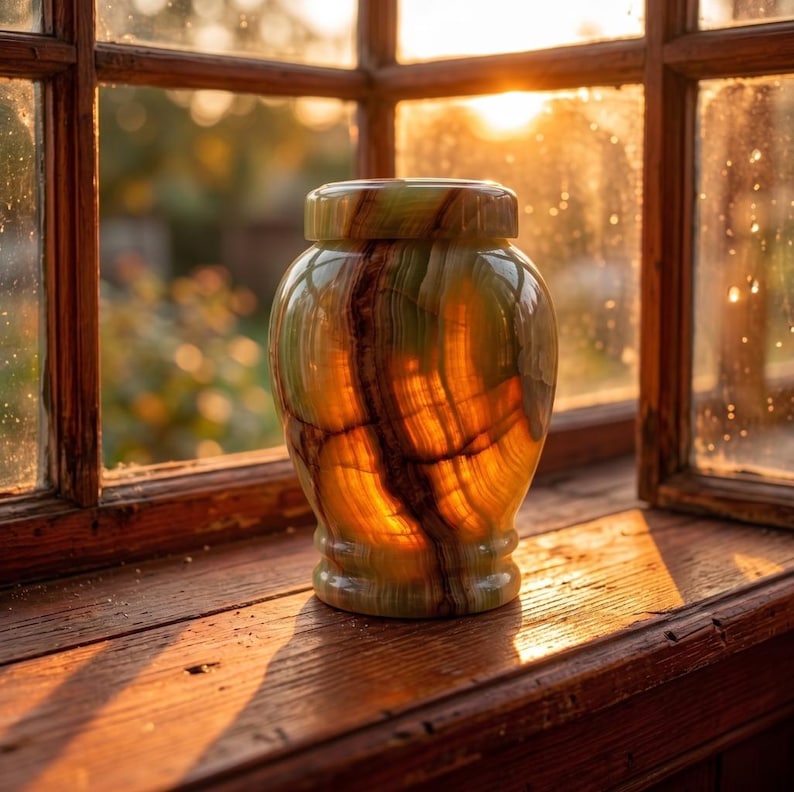 May include: A polished green and amber banded stone urn with a matching lid. The translucent material features natural veining and organic patterns that glow when illuminated by sunlight, creating a warm, layered appearance on the smooth surface.