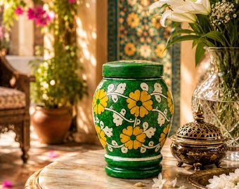 Hand-painted Green and Yellow Pottery/ Ceramic Urns for Child or Pet Ashes | Natural Gypsum Urn in Medium Sizes