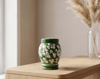 Floral cremation urn for ashes, dark green hand-painted pottery design, natural gypsum