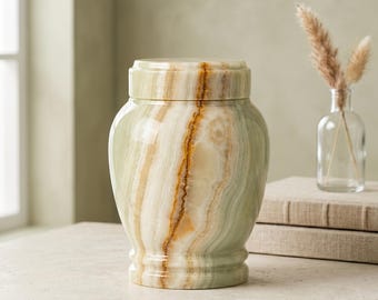 Natural Light Green Onyx Cremation Urns for Human Male, Female & Child Ashes | Polished Stone Memorial Urns, Home Display or Burial Purposes