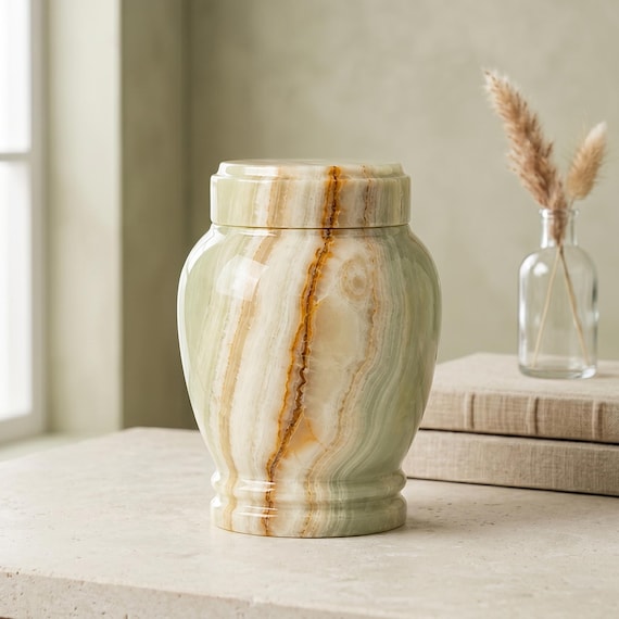 Natural Light Green Onyx Cremation Urns for Human Male, Female & Child Ashes | Polished Stone Memorial Urns, Home Display or Burial Purposes