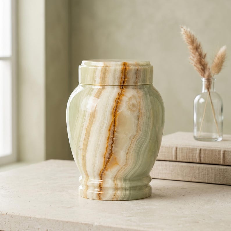 May include: A polished stone urn featuring a smooth, cylindrical body with a matching lid. The surface displays natural, swirling bands of pale green, cream, and warm amber tones, creating a unique, organic pattern across the entire exterior.