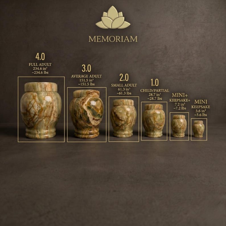 May include: A series of six green and brown marbled stone urns labeled MEMORIAM, ranging from 4.0 Full Adult at 234.6 cubic inches to Mini Keepsake at 3.6 cubic inches. Each urn features a cylindrical lid and a smooth, polished, natural stone finish.