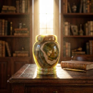 May include: A polished green and brown banded onyx stone urn with a matching lid. The vessel features a smooth, rounded body with natural swirling mineral patterns and a flared base, reflecting light on its glossy, translucent surface.
