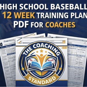 May include: A PDF document titled "High School Baseball 12 Week Training Plan for Coaches." The document features a logo with a baseball, open book, and the words "The Coaching Standard." Several pages of the training plan are visible.