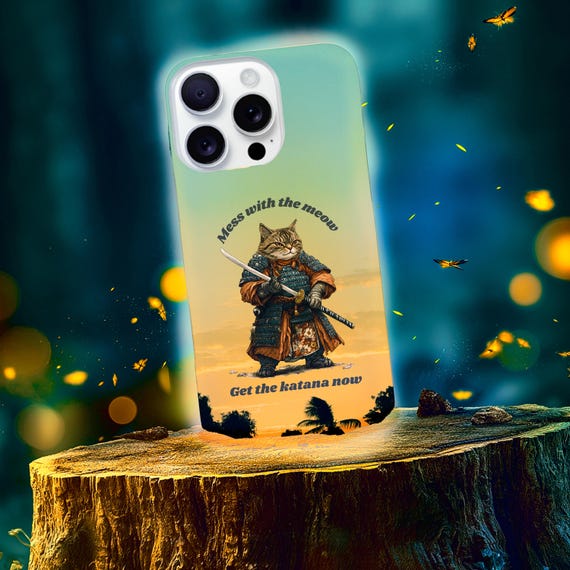 Samurai Cat Sunset Phone Case | Katana Warrior, Anime Art