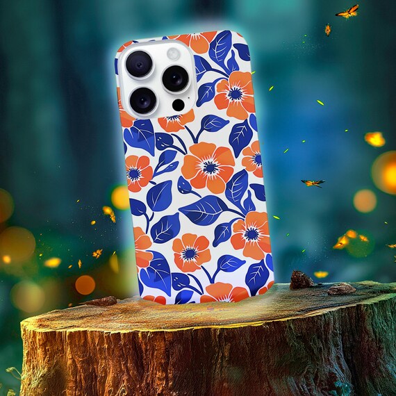 Retro Floral Phone Case | 60s Inspired Orange Navy Leaves Cream Print