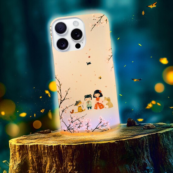 Sakura Japanese Illustration Tough Anime Phone Case | Pastel Spring Friendship Cat Frog