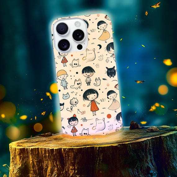 Japanese Kawaii Girl with Ghosts Cats Doodles Phone Case | Indie Cream Pattern