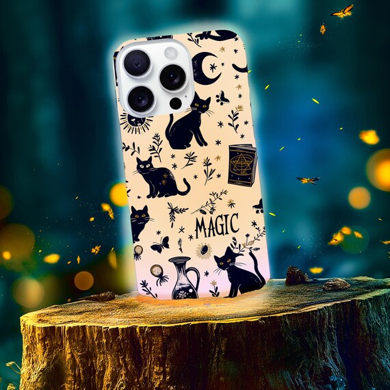 Gothic Modern Witchcraft Black Cats Tough Phone Case | Minimalist Stars & Moon