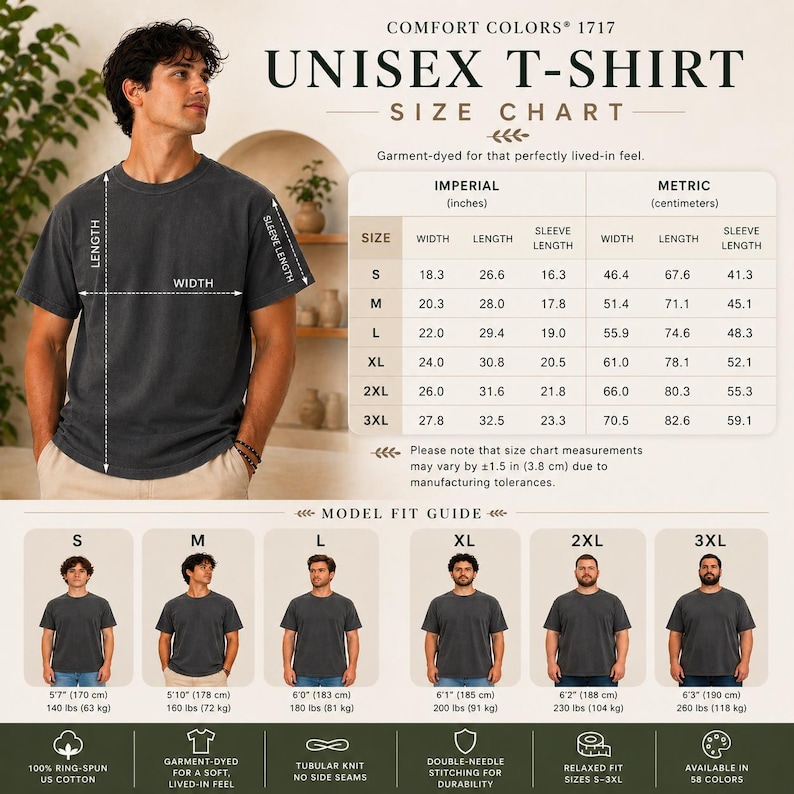 May include: A Comfort Colors 1717 unisex t-shirt size chart featuring a dark grey shirt, a detailed table with imperial and metric measurements for sizes S to 3XL, and a model fit guide showing height and weight references for each size.