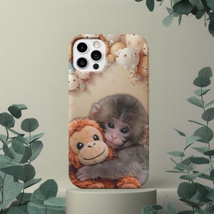 Baby Punch Monkey Hug Plush Toy Phone Case | Viral Meme Art, Realistic Fur Illustration