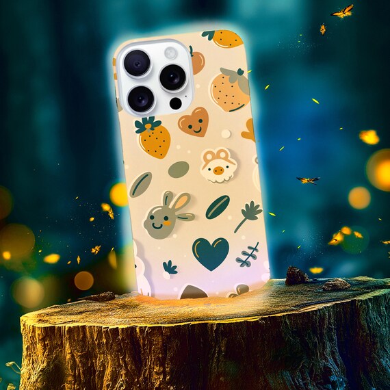 Cottagecore Chibi Bunny Phone Case | Ivory Autumn Garden Hearts Leaves