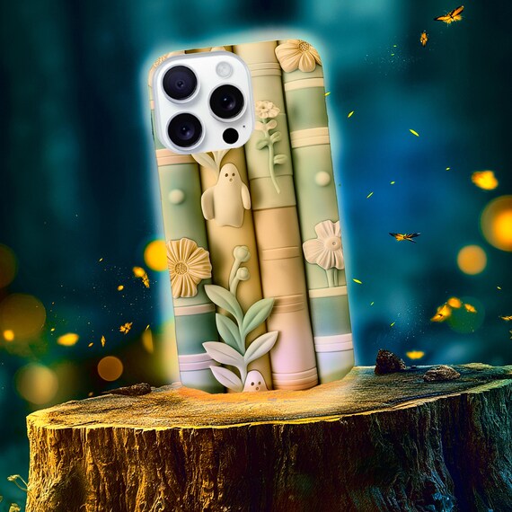 Pastel Bookshop Ghosts phone case | claymorphism 3D illusion, floral shelves