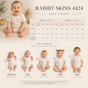 May include: A Rabbit Skins 4424 size chart featuring a table with imperial and metric measurements for sizes NB to 24M. The chart displays fit examples for five infants, showing heights from 20.5 inches to 33.5 inches and weights from 7 to 28 lbs.