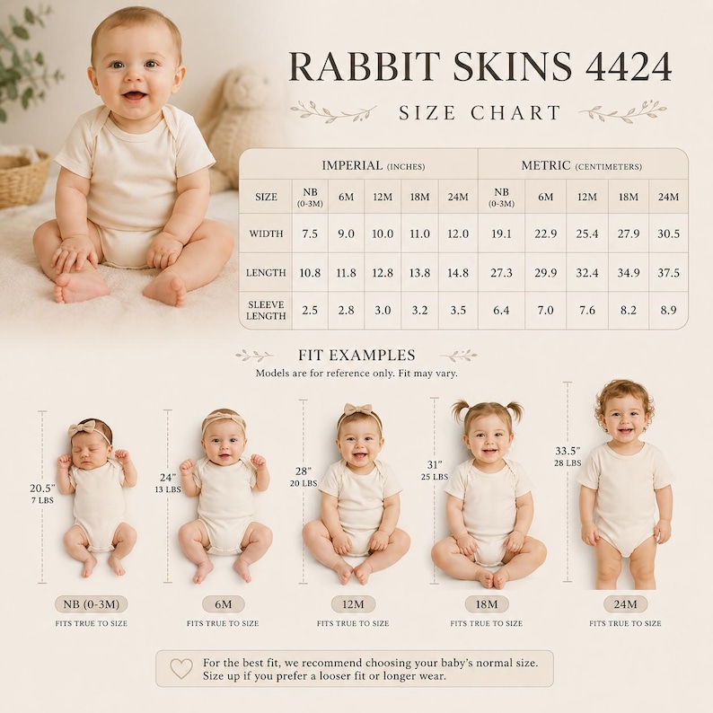 May include: A Rabbit Skins 4424 size chart featuring a table with imperial and metric measurements for sizes NB to 24M. The chart displays fit examples for five infants, showing heights from 20.5 inches to 33.5 inches and weights from 7 to 28 lbs.